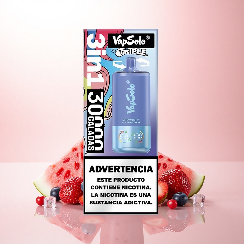 Vapsolo Triple 30000 Puffs Strawberry Watermelon & Blueberry Ice with 40ml E-Liquid and 20mg Nicotine