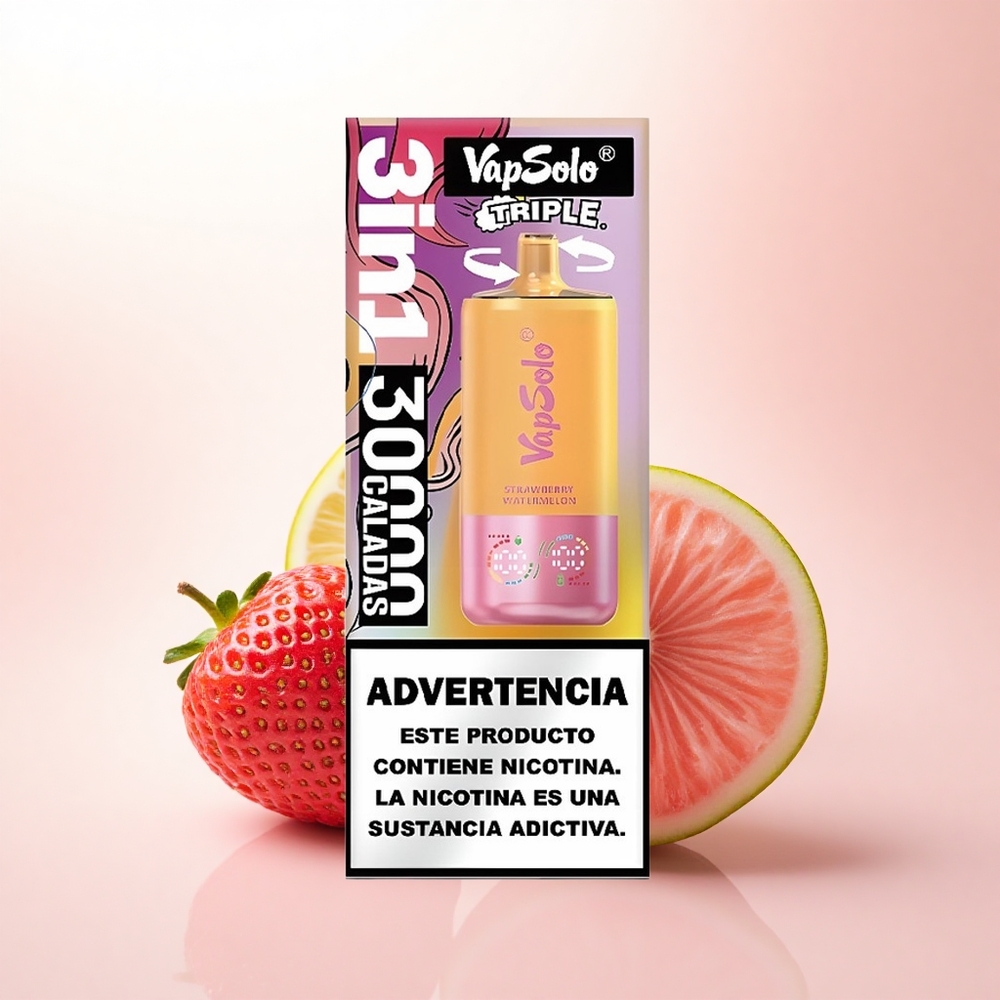 Vapsolo Triple 30000 Puffs Strawberry Watermelon & Lemon Peach with 40ml E-Liquid and 20mg Nicotine